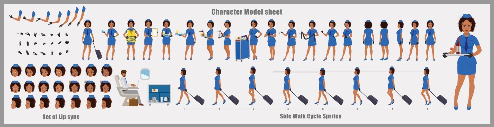 Air hostess Girl Character Design Model Sheet Girl Character design Front side back view and explainer animation poses Character set with lip sync Animation sequence of all front Back and side walk cycle animation sequences vector