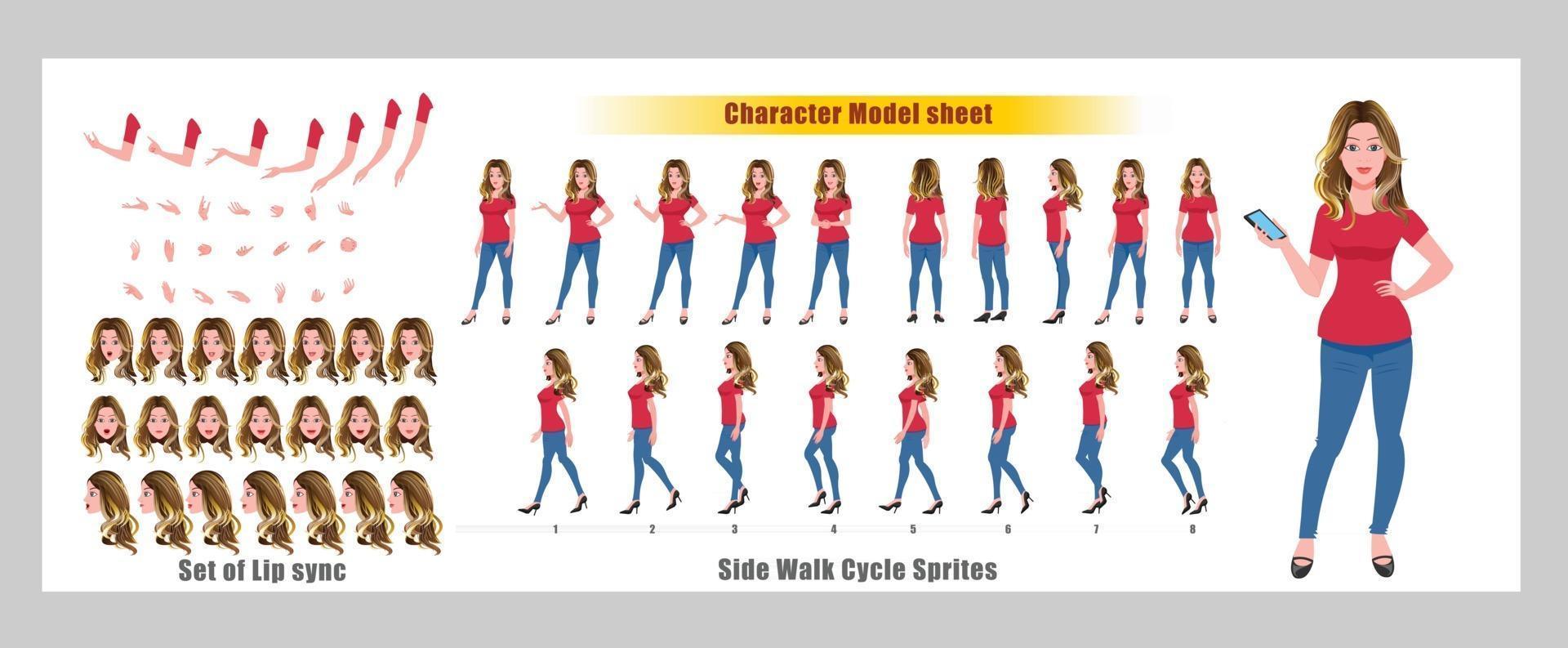 Blond hair Girl Character Design Model Sheet Girl Character design Front side back view and explainer animation poses Character set with lip sync Animation sequence of all front Back and side walk cycle animation sequences vector