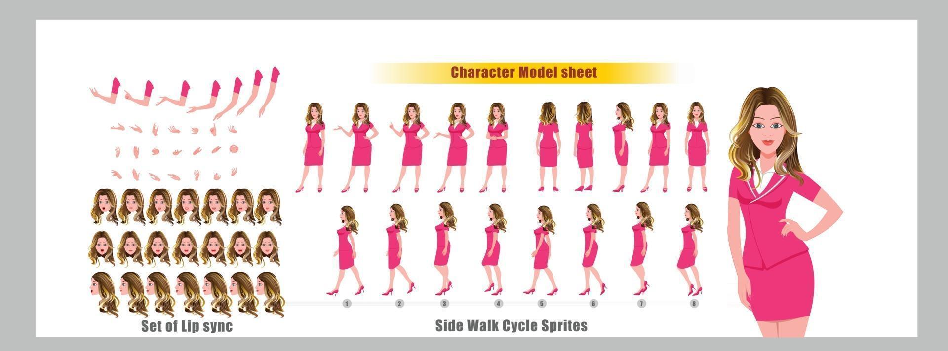 Blond hair Girl Character Design Model Sheet Girl Character design Front side back view and explainer animation poses Character set with lip sync Animation sequence of all front Back and side walk cycle animation sequences vector