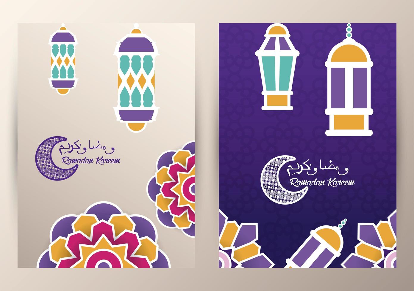 ramadan kareem card with mandalas and lanterns hanging vector