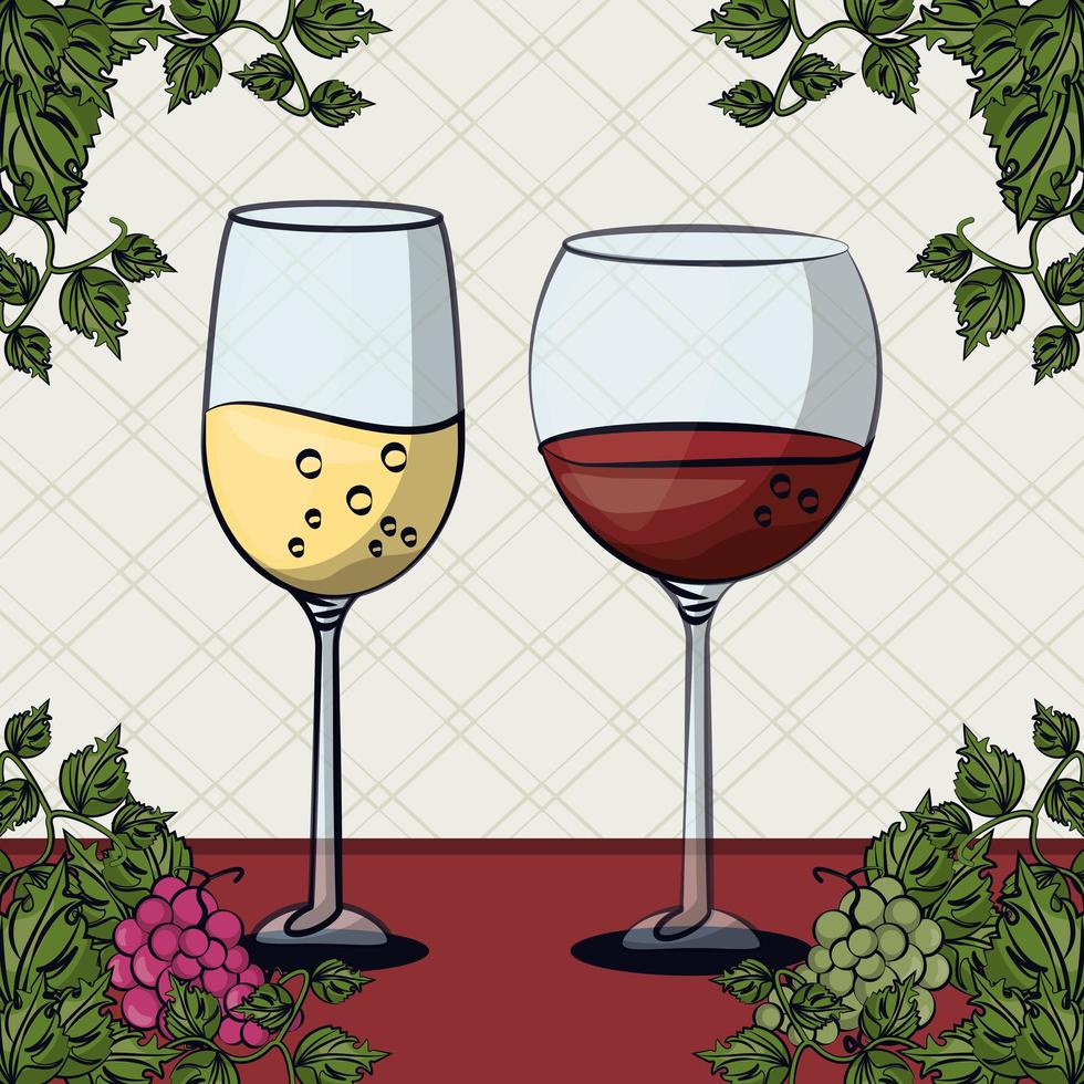 copas de vino con uvas frutas vector