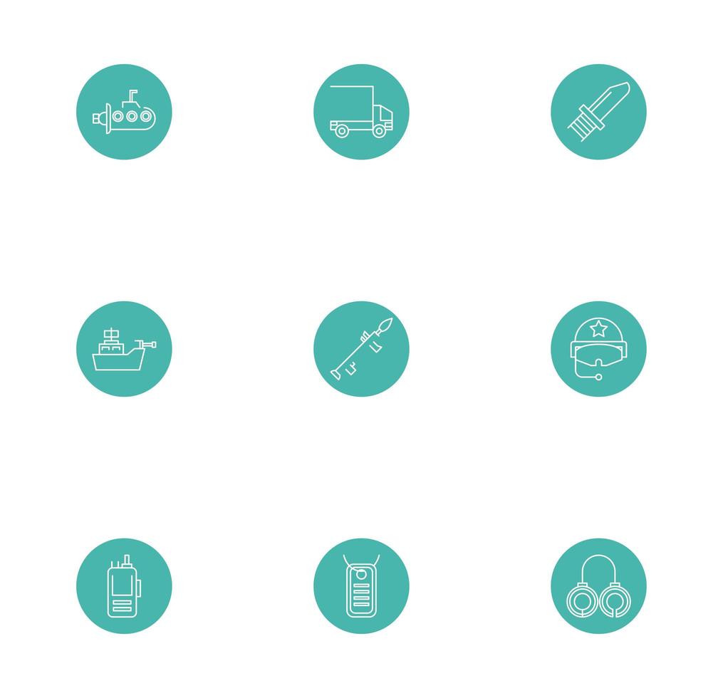 bundle of military line block style icons vector