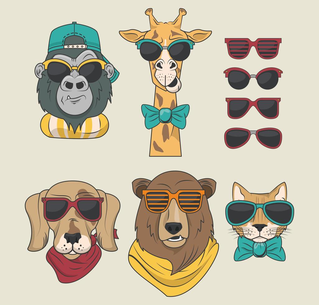 funny animals with sunglasses cool style vector