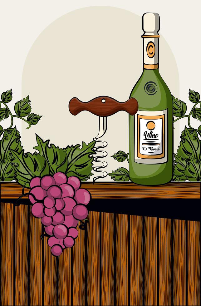 wine bottle drink with corkscrew and grapes vector