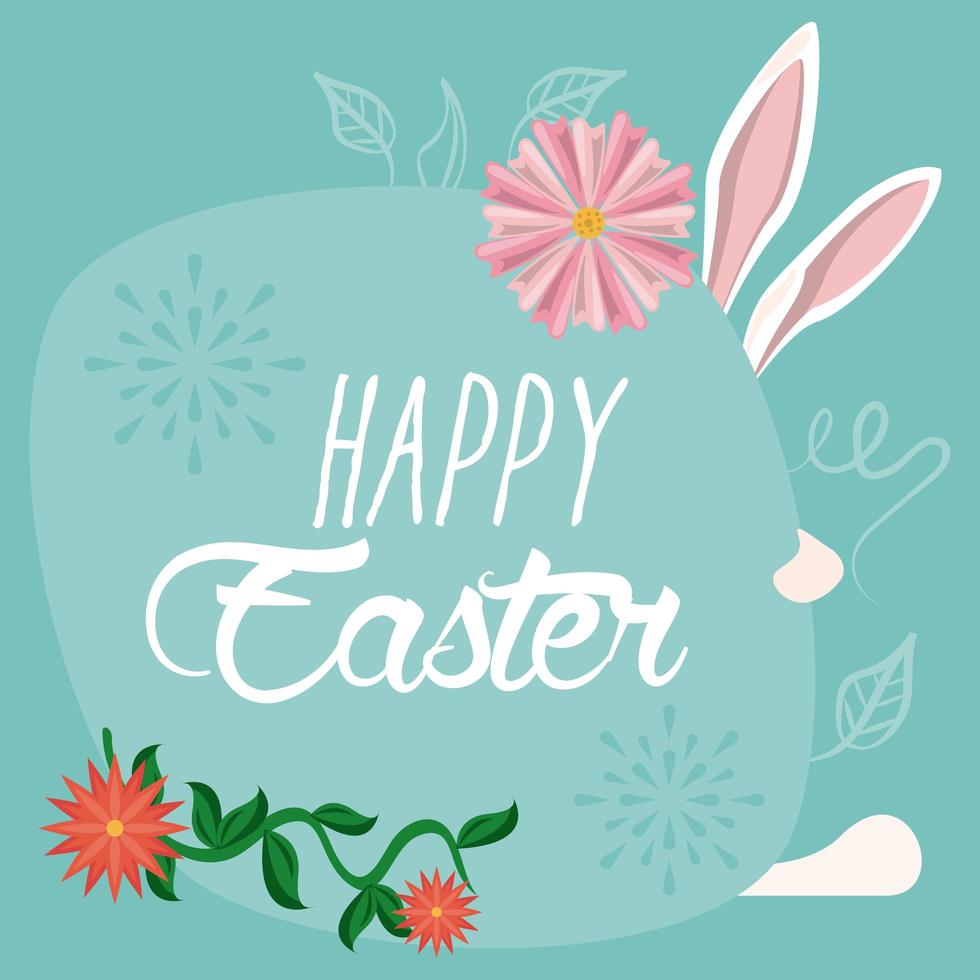 happy easter card with flowers and ears rabbit vector