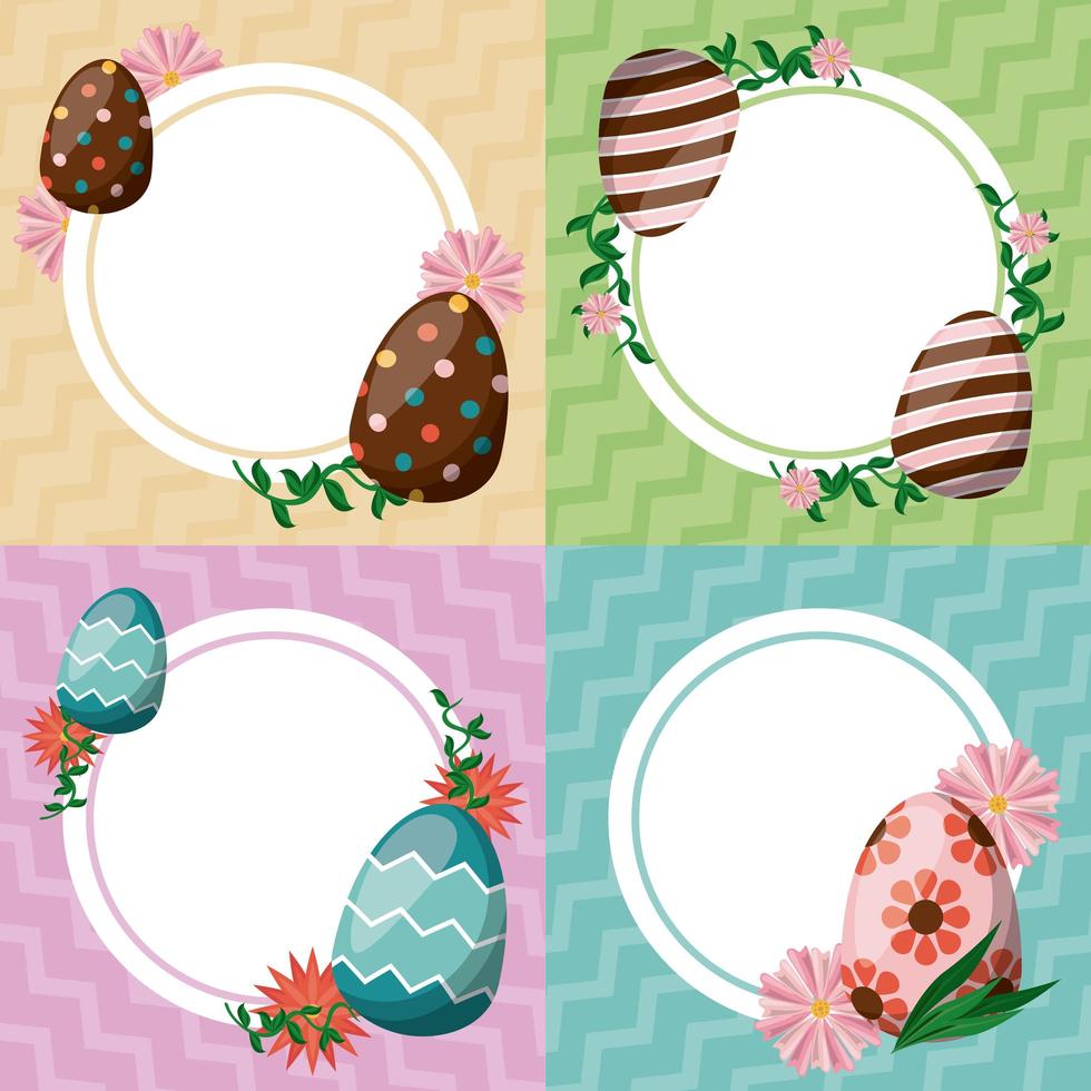 tarjeta de feliz pascua con huevos pintados marcos circulares vector