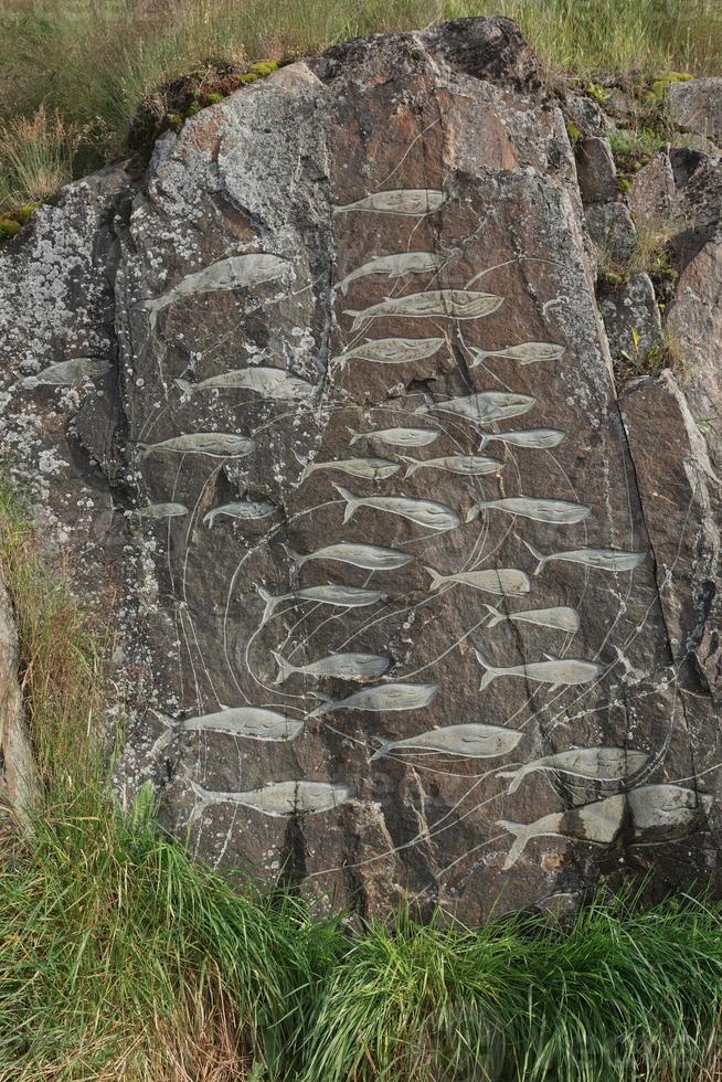 Images of whales chiseled into rocks Qaqortoq Greenland photo