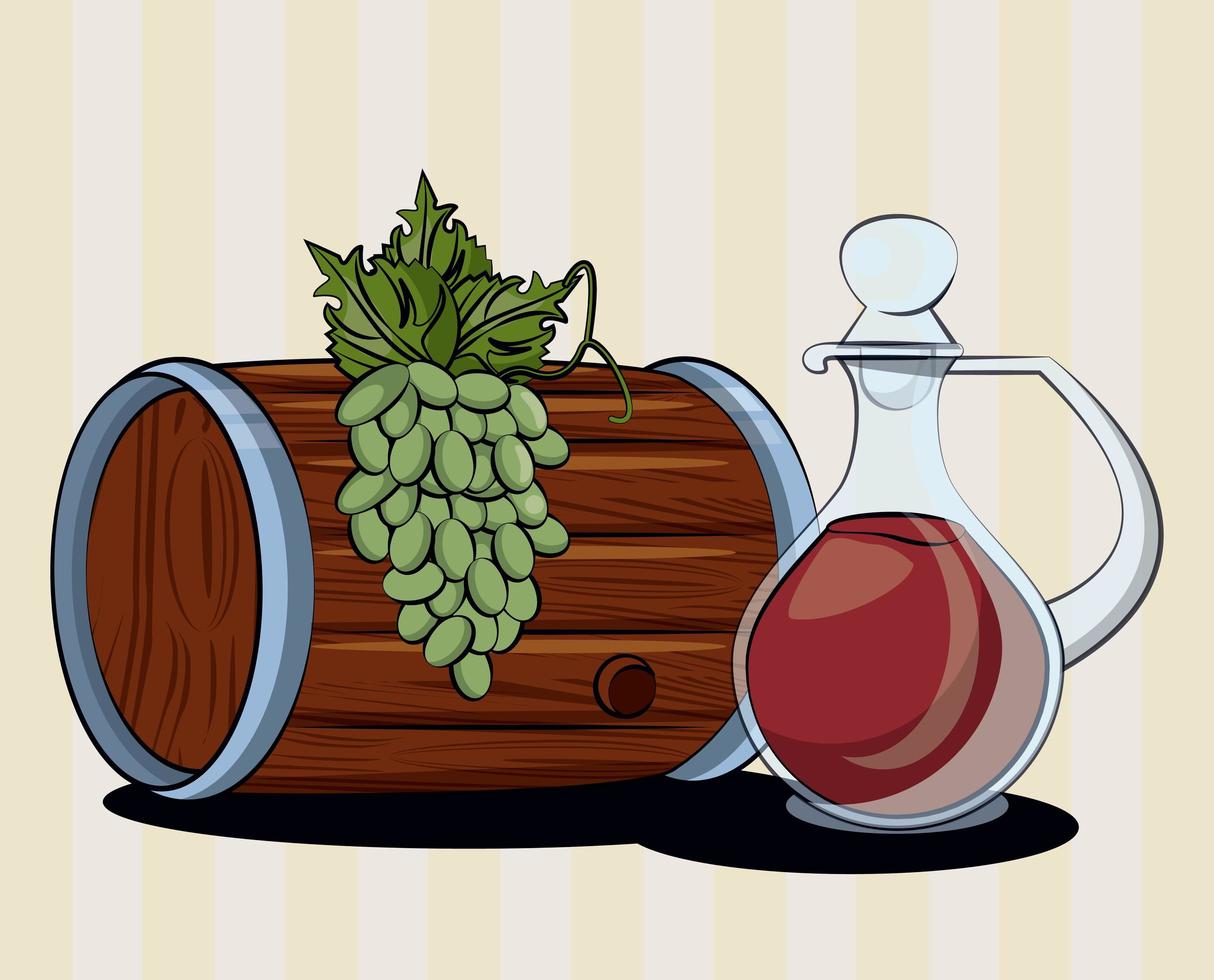 Bebida de barril de vino con tarro y uvas. vector