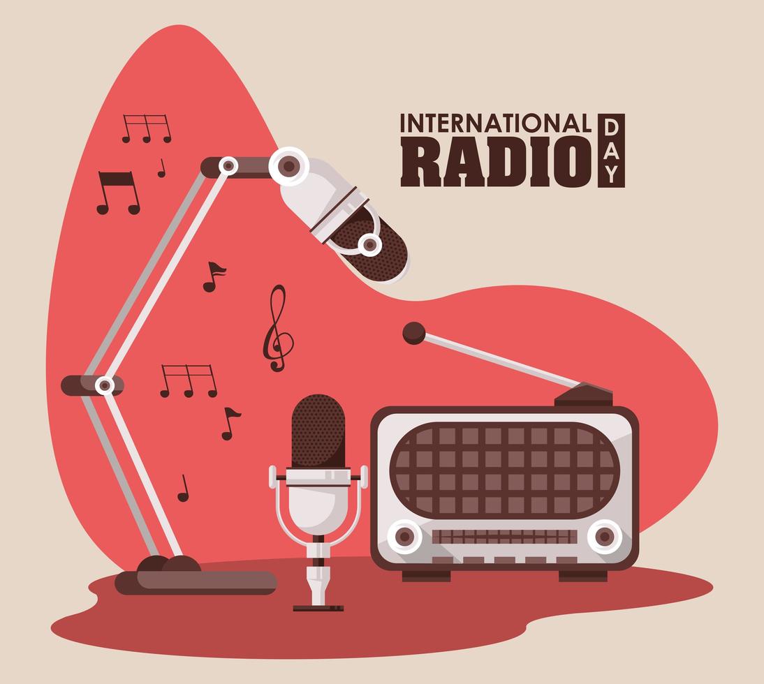 cartel del día internacional de la radio con aparatos retro vector