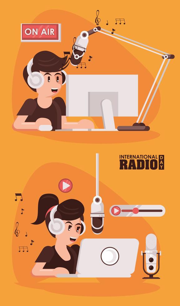 cartel del día internacional de la radio con pareja de locutores vector