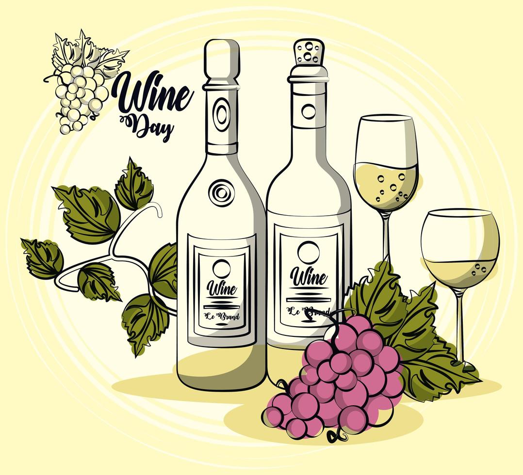 wine cups and bottles with grapes fruits vector