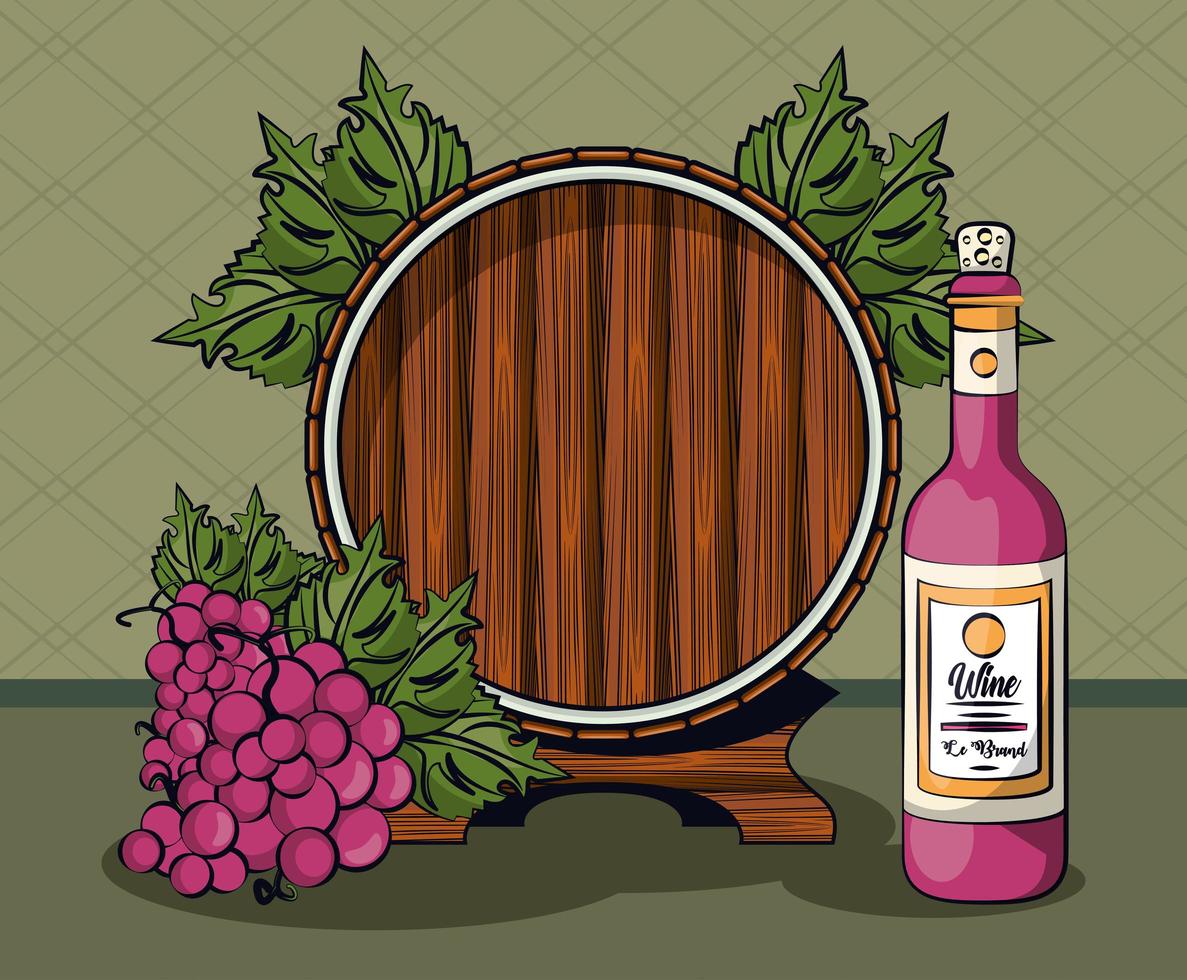 wine bottle and grapes fruits with barrel vector