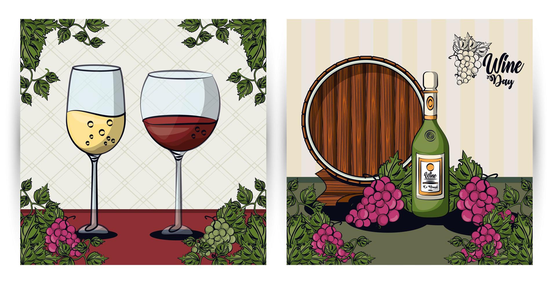 wine cups and barrel with grapes fruits vector