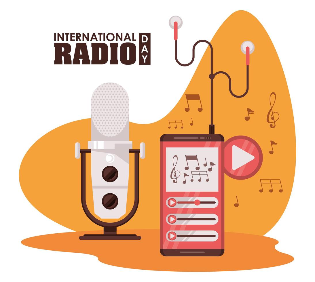 international radio day poster with smartphone vector