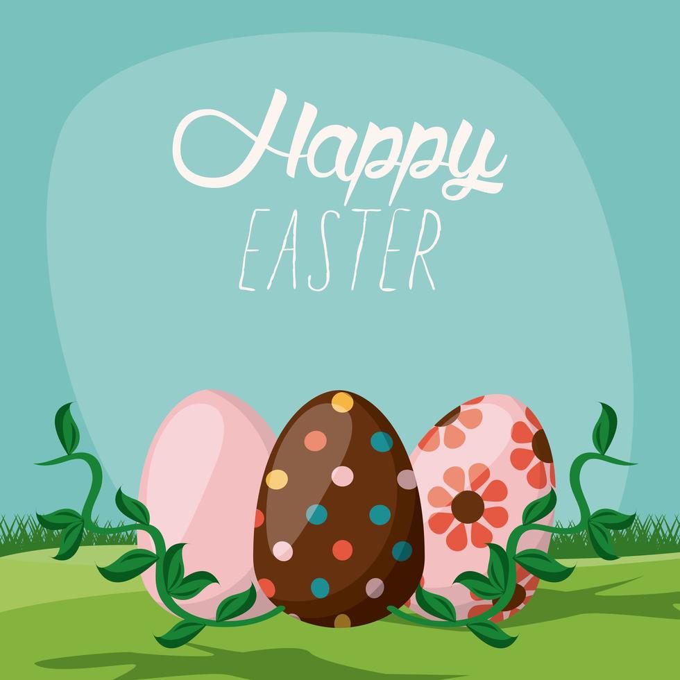 happy easter card with lettering and eggs painted in the field vector