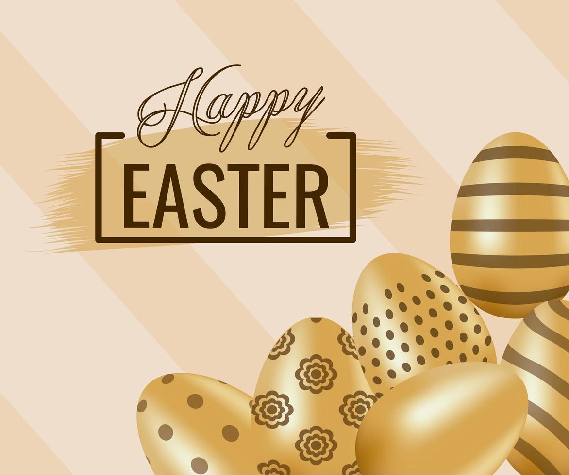 happy easter card with lettering and golden eggs painted vector