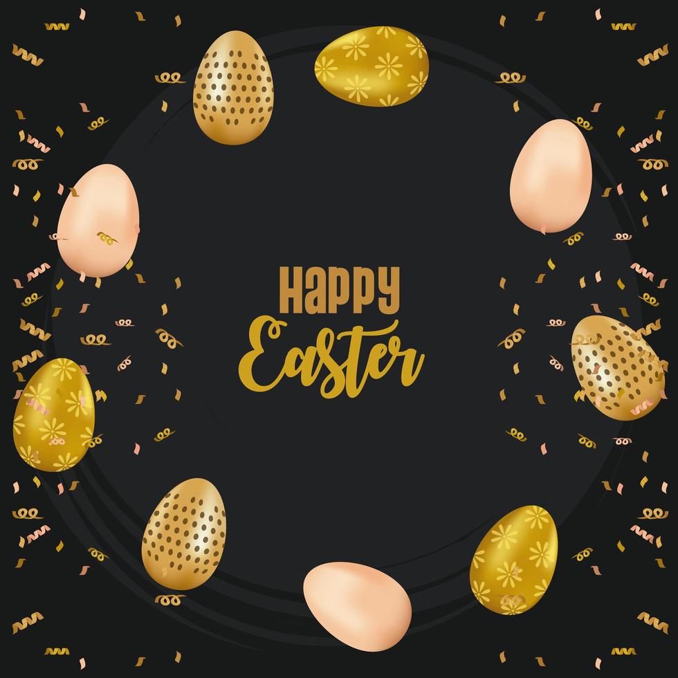 happy easter card with lettering and golden eggs painted vector