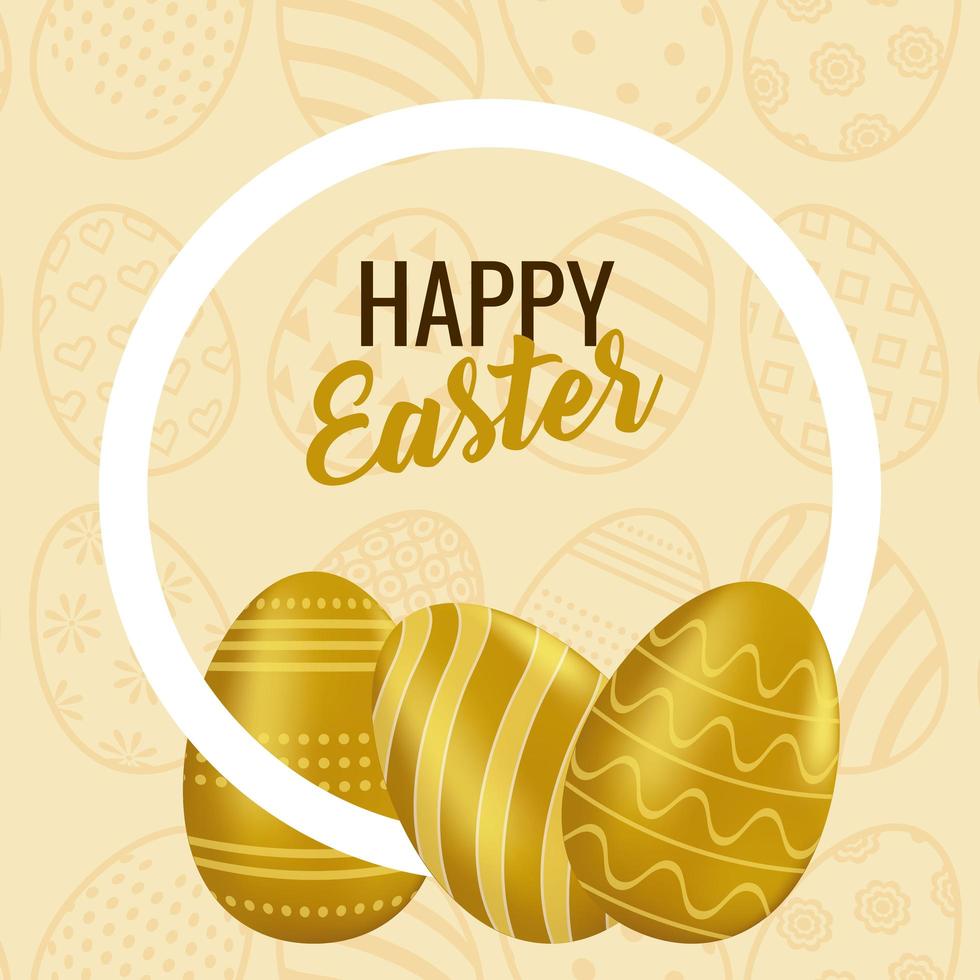happy easter card with lettering and golden eggs painted vector