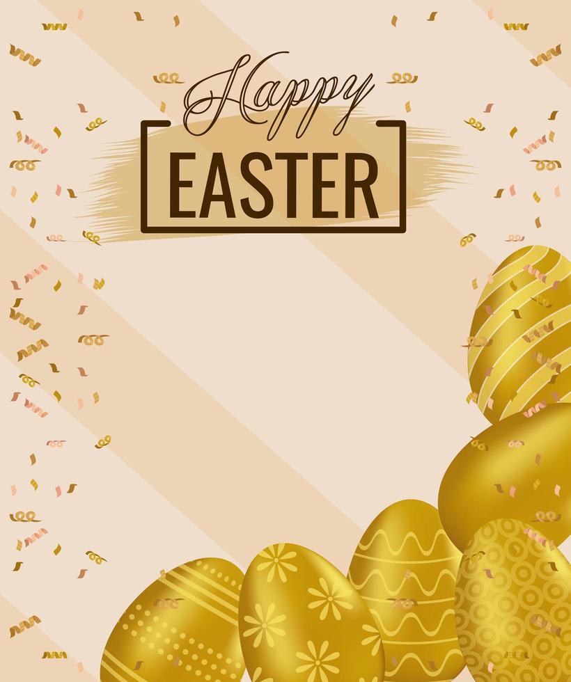 happy easter card with lettering and golden eggs painted vector