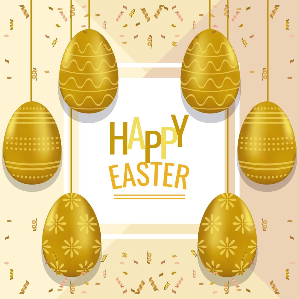happy easter card with lettering and golden eggs painted vector