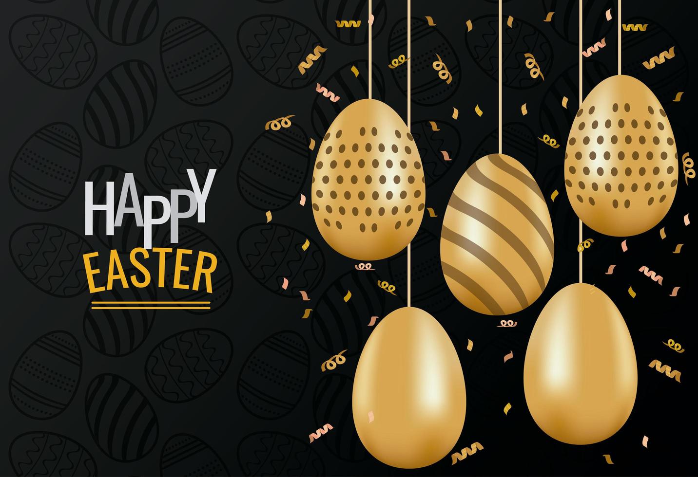 happy easter card with lettering and golden eggs painted hanging vector