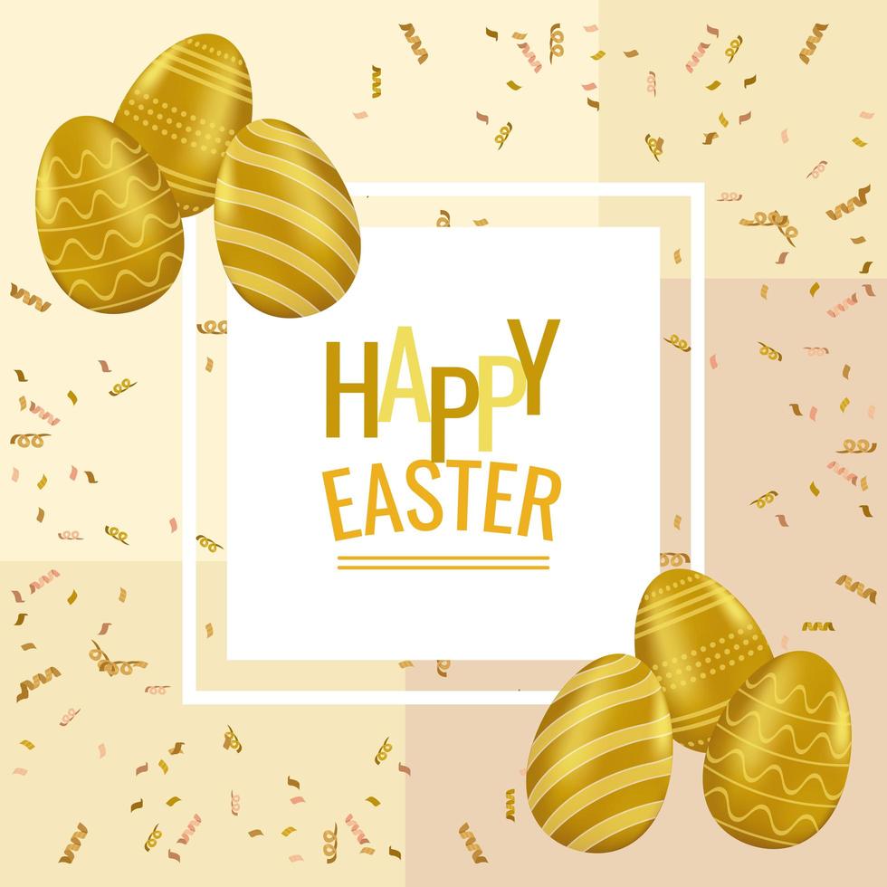 happy easter card with lettering and golden eggs painted vector