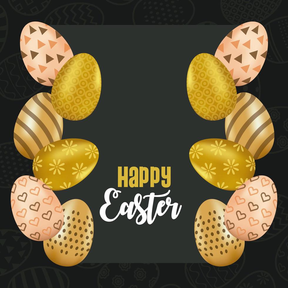 happy easter card with lettering and golden eggs painted vector