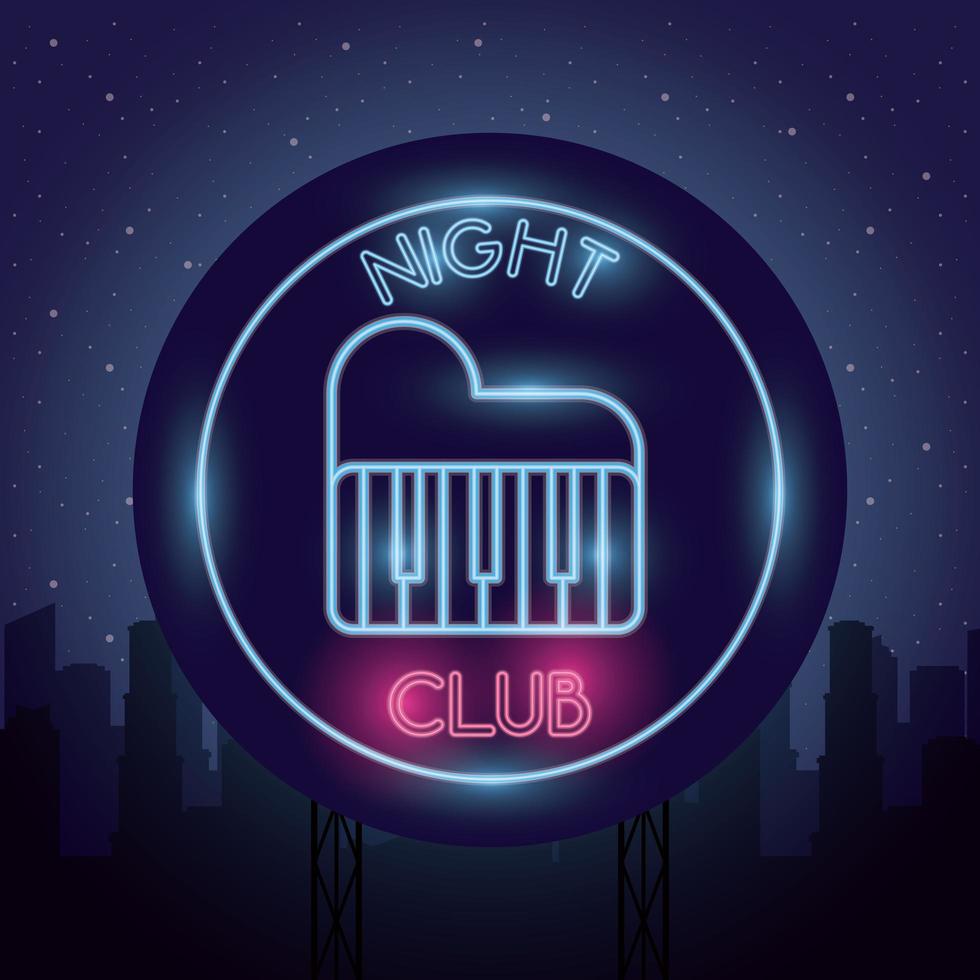 caligrafía de la palabra club nocturno con luces de neón de piano vector