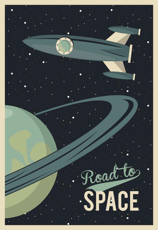 life in the space poster with rocket and saturn vector