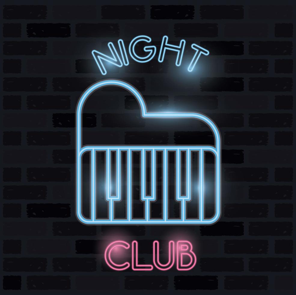 night club word calligraphy with piano neon lights vector