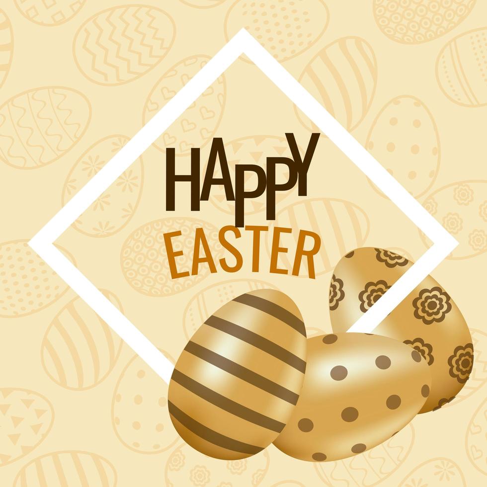 tarjeta de pascua feliz con letras y huevos dorados pintados vector