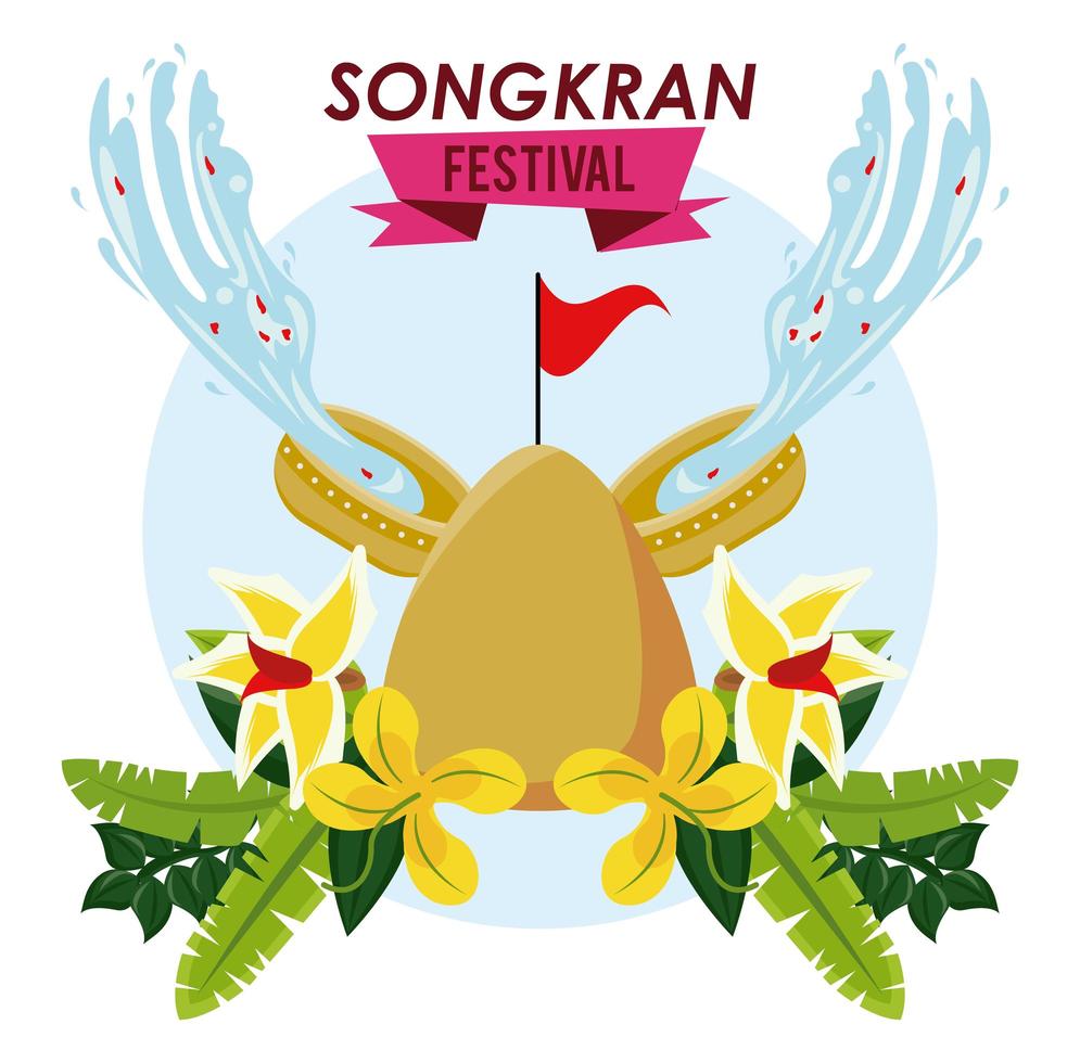 Fiesta de celebración de Songkran con cuenco de agua y montaña de arena. vector