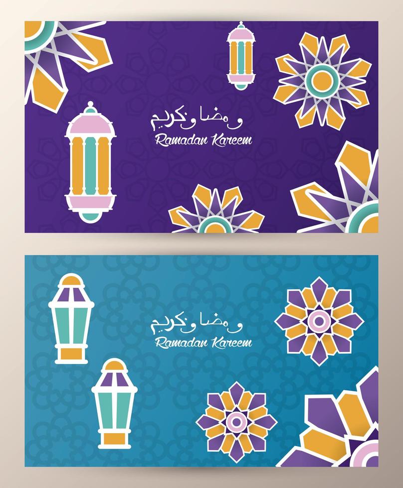 tarjeta de ramadan kareem con mandalas y linternas colgando vector