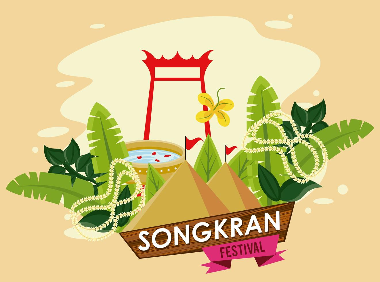 fiesta de celebración de songkran con arco y cuencos de agua vector