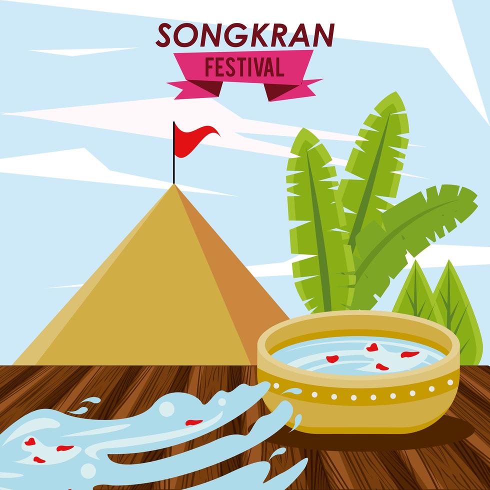 Fiesta de celebración de Songkran con cuenco de agua y montaña de arena. vector