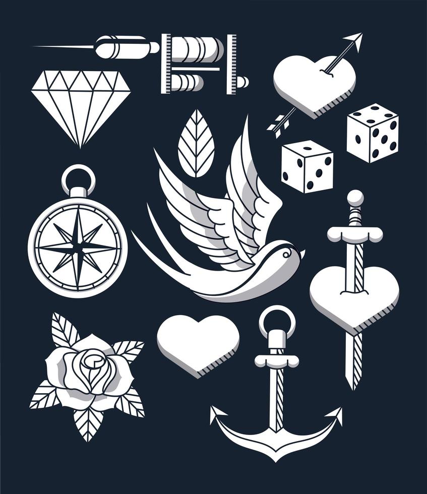 estudio de tatuaje, imagen, artístico, conjunto, iconos vector