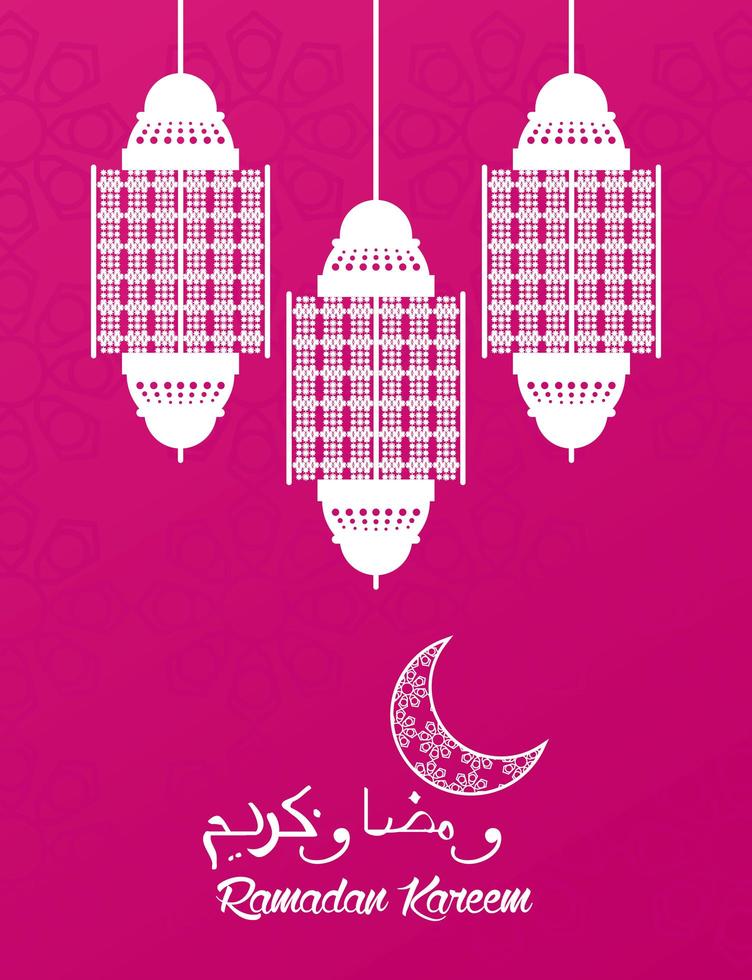 tarjeta de celebración de ramadan kareem con linternas colgando vector