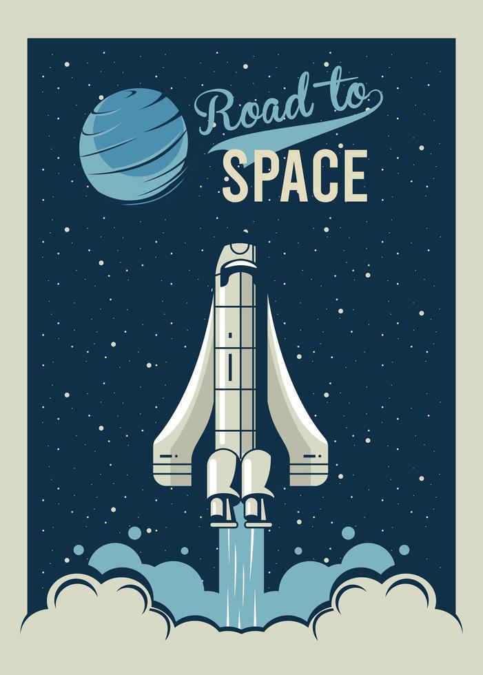road to space lettering with spaceship startup in poster vintage style vector