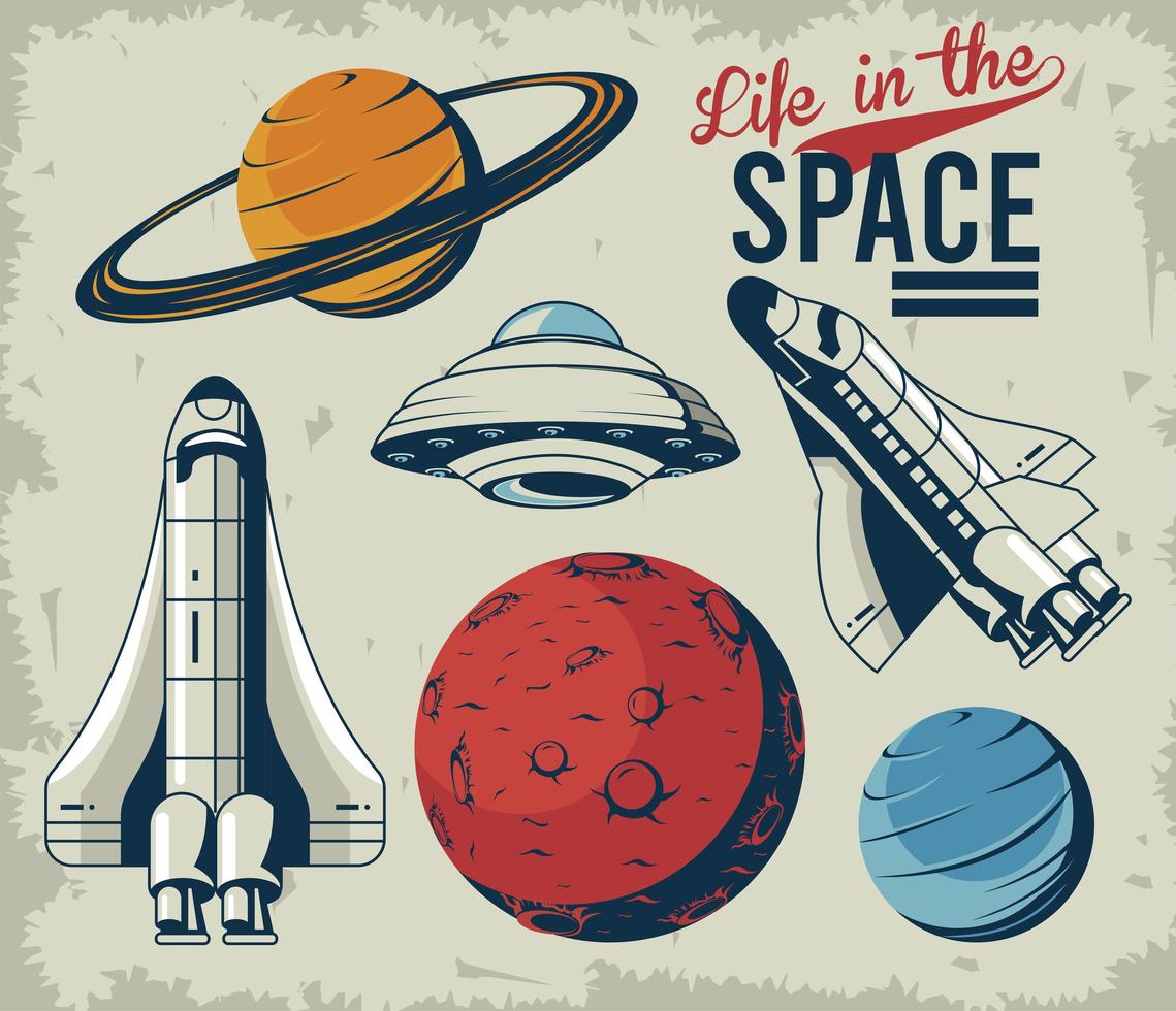 life in the space lettering with set icons in poster vintage style vector