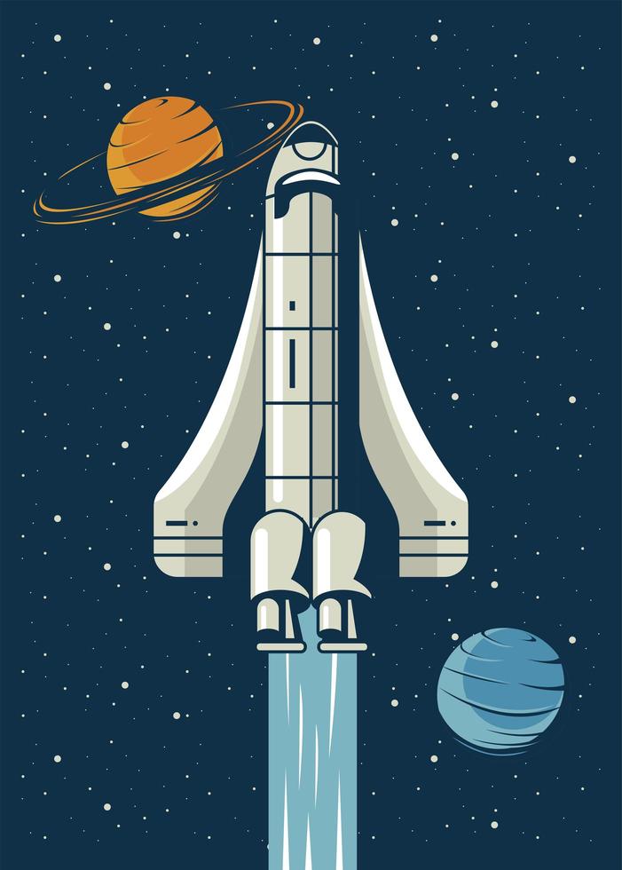 nave espacial y planetas en estilo cartel vintage. vector