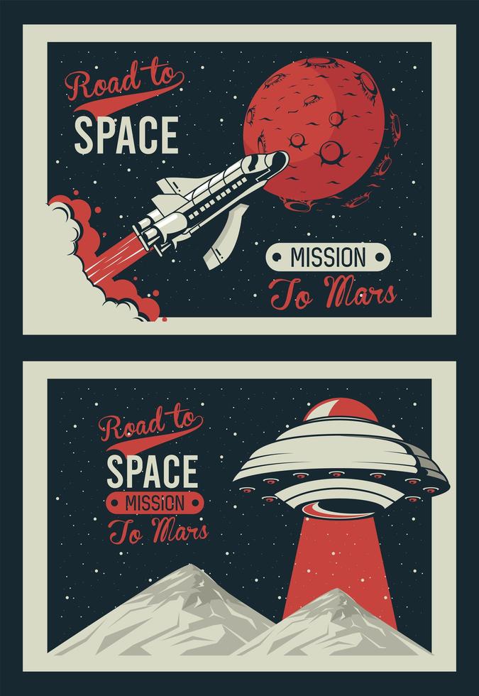 road to space letterings with ufo and rocket in mars posters vintage style vector