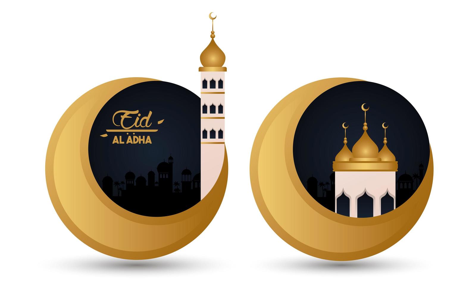 Tarjeta de celebración de eid al adha con lunas y mezquita. vector