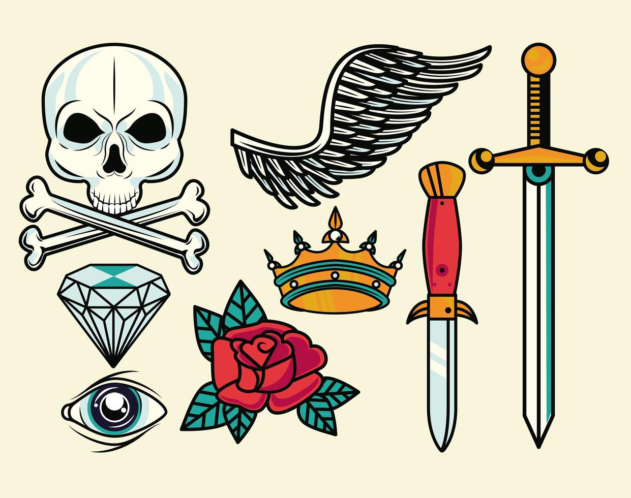 set of colorful tattoos graphics vector