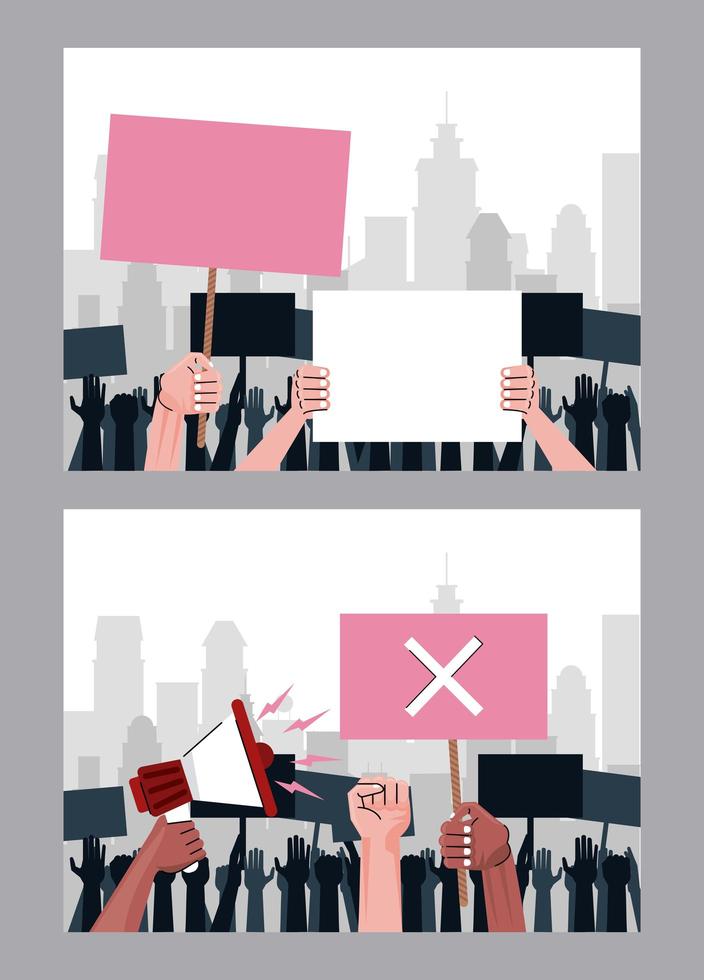 interracial hands people protesting lifting banners and megaphone scenes vector