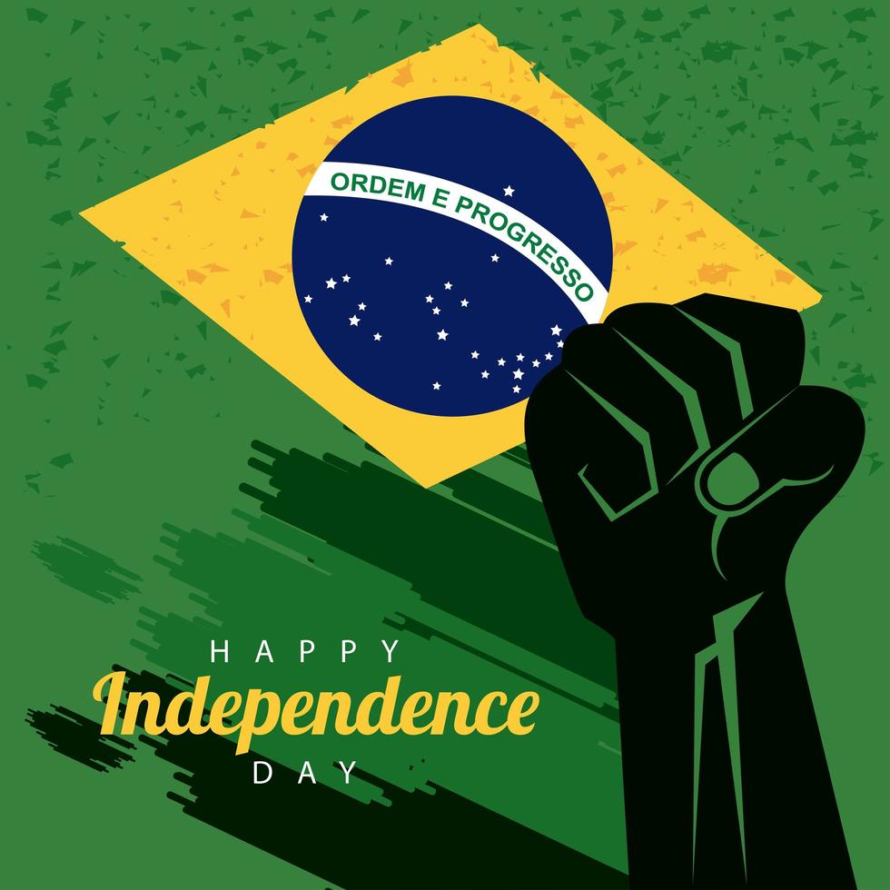 feliz día de la independencia de brasil con bandera y puño de mano vector