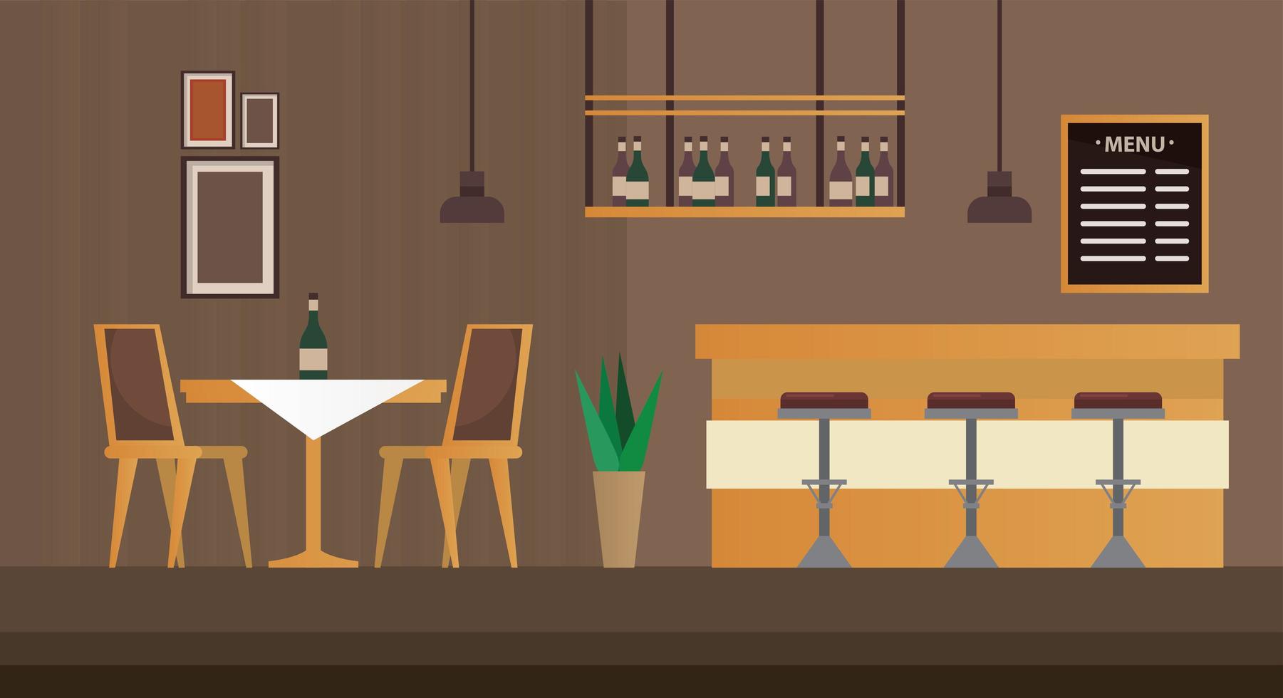 Bar con mesa y sillas escena de muebles de restaurante. vector