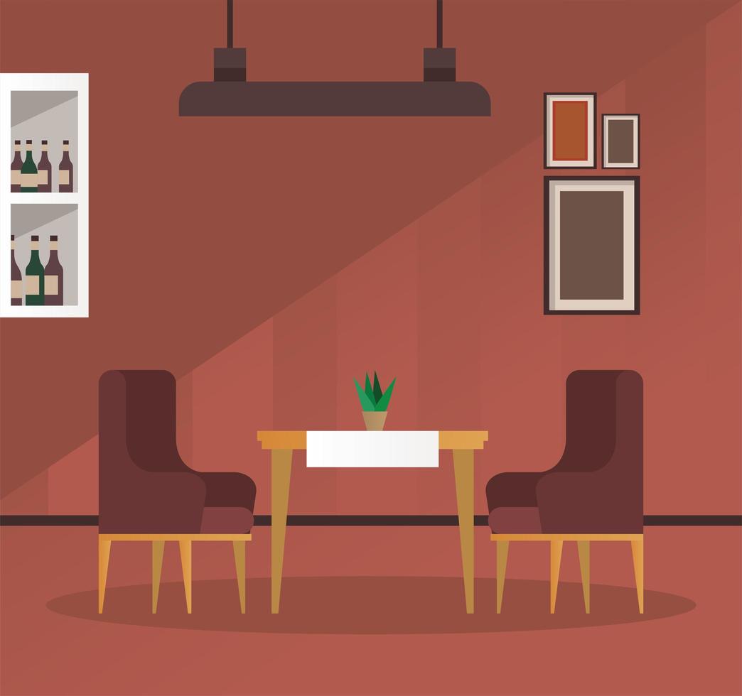 elegante mesa y sillas con lámpara escena de muebles de restaurante vector