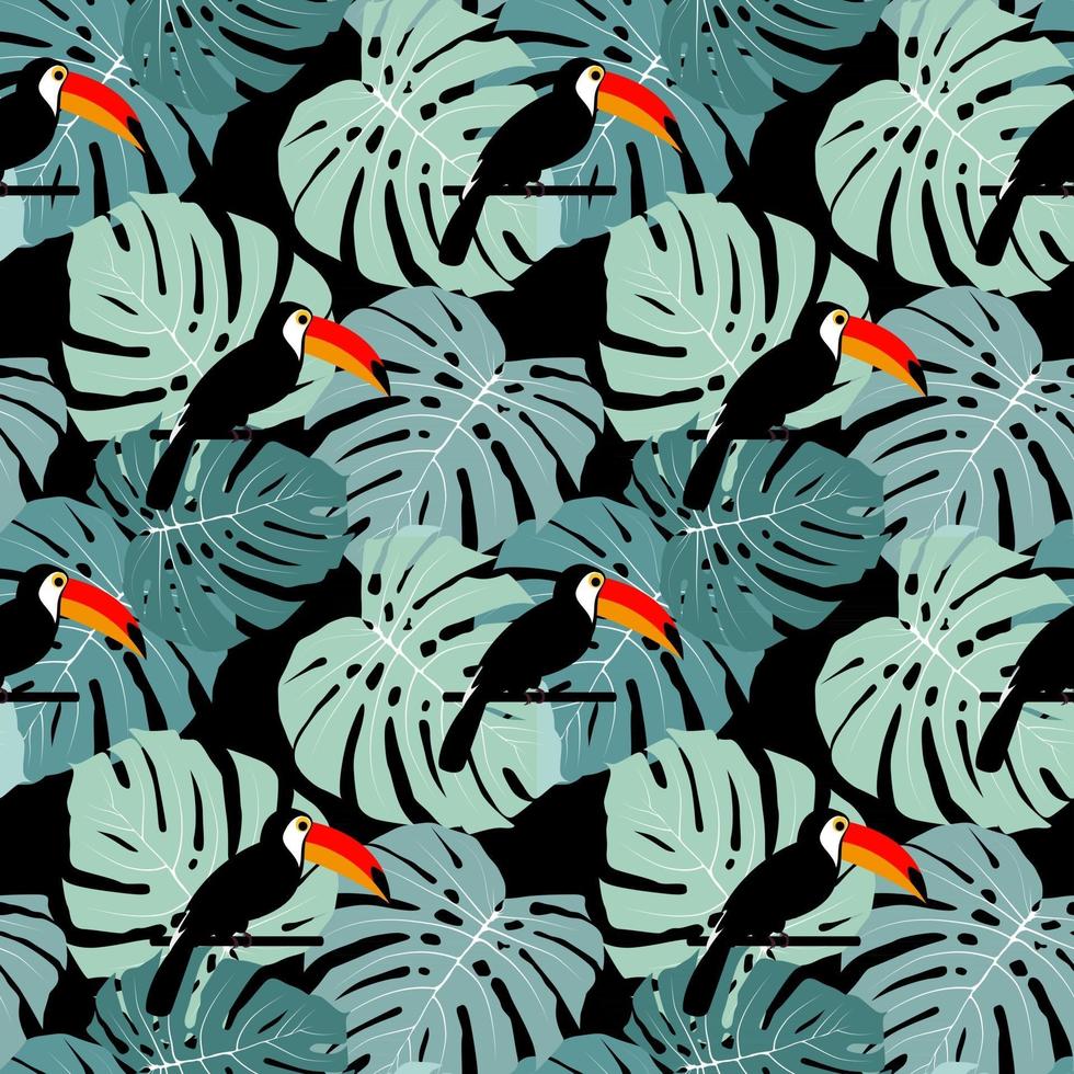 Tropic Toucan bird and palm leaf seamless pattern background design vector