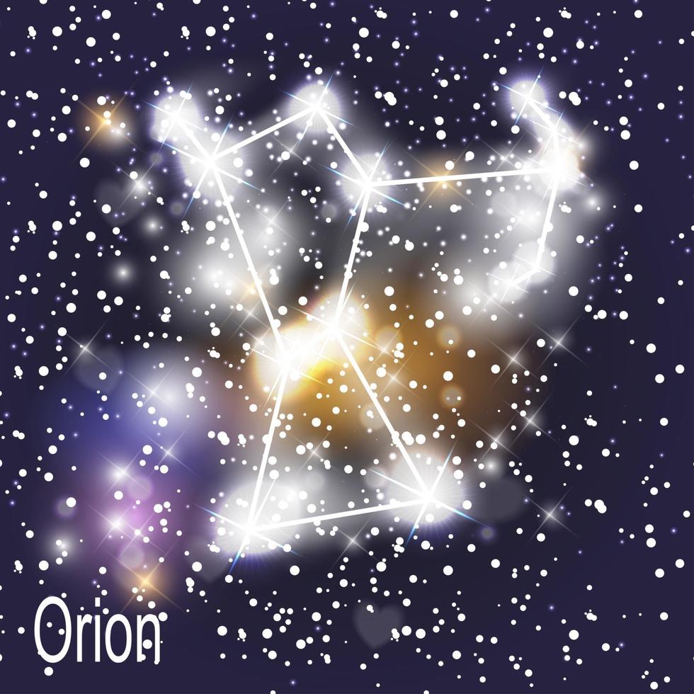 Constelación de Orión con hermosas estrellas brillantes en el fondo de la ilustración de vector de cielo cósmico