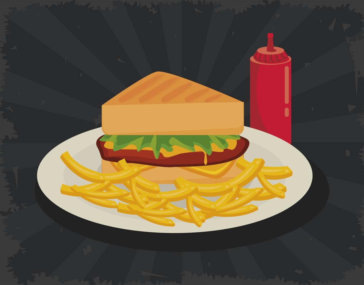 sandwich and french fries with ketchup delicious fast food icon vector